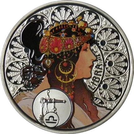 Монета "Зодиак Альфонса Мухи Весы", 2011 г., Серебро, 28,28 гр., проба 925, НИУЭ