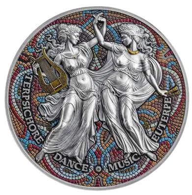 Монета "Терпсихора и Эвтерпа. Девять Муз", 2025 г., Серебро, 62,2 гр., проба 999, КАМЕРУН