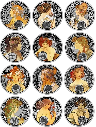 Монета "Набор. Зодиак Альфонса Мухи",  2011 г., Серебро, 313,92 гр., проба 925, НИУЭ