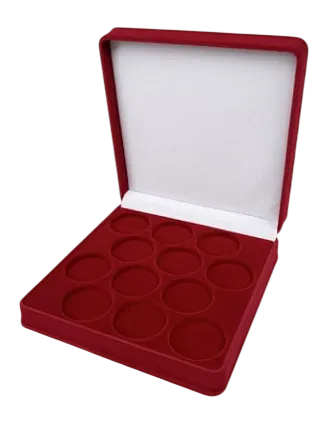Футляр (195x196x50 мм) на 12 монет в капсулах (диаметр 44 мм), светло-бордовый