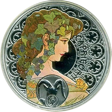 Монета "Зодиак Альфонса Мухи Козерог",  2011 г., Серебро, 28,28 гр., проба 925, НИУЭ