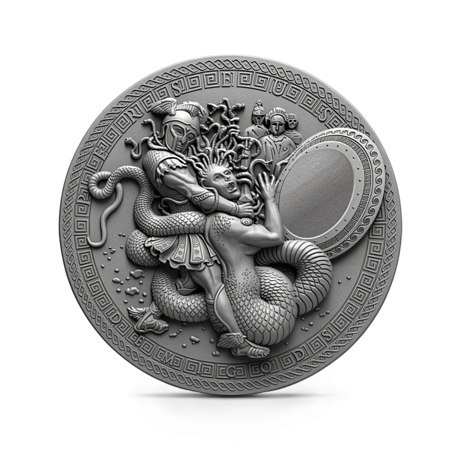 Монета "Персей. Медуза Гаргона",  2018 г., Серебро, 62 гр., проба 999, НИУЭ