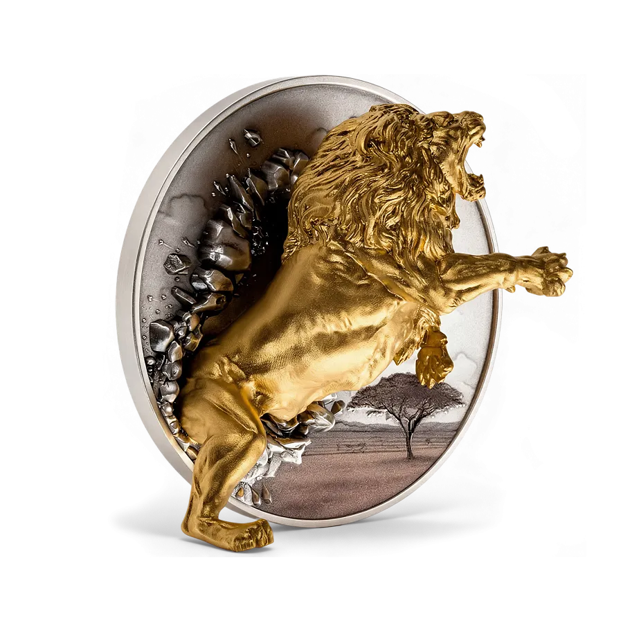 Монета "Динамическое измерение. Лев 3D", -, 2026 г., Серебро, 155,5 гр., проба 999, БУРУНДИ