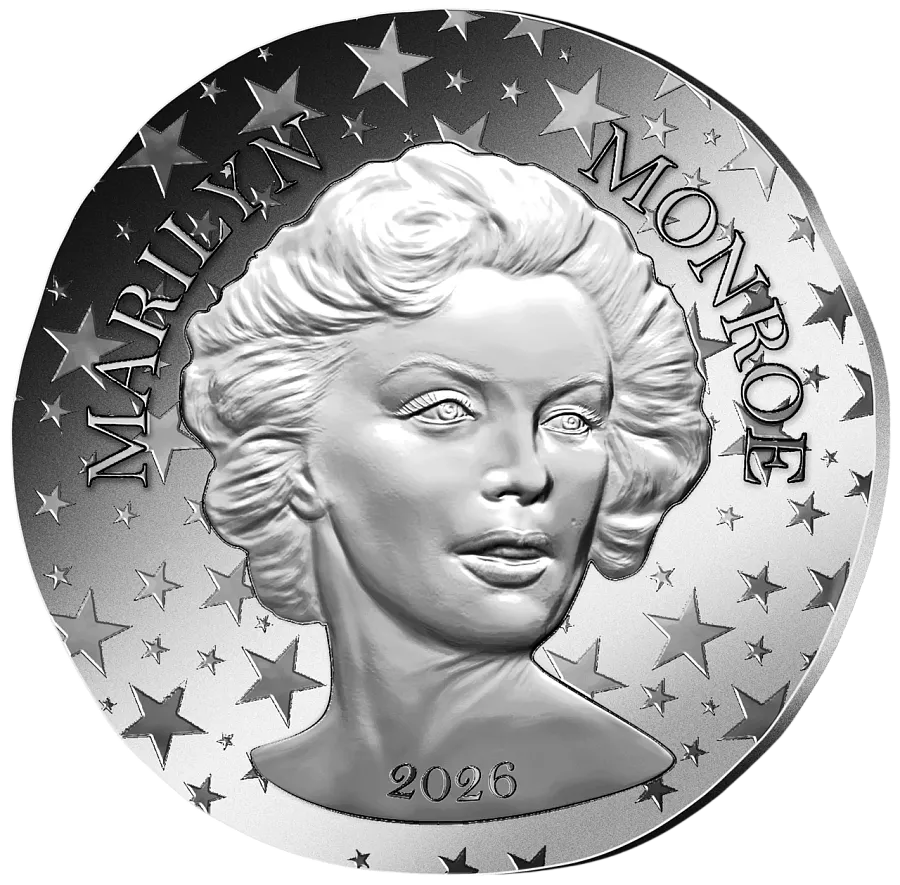 Монета "100-летие Мэрилин Монро", 2026 г., Серебро, 22,2 гр., проба 999, ФРАНЦИЯ