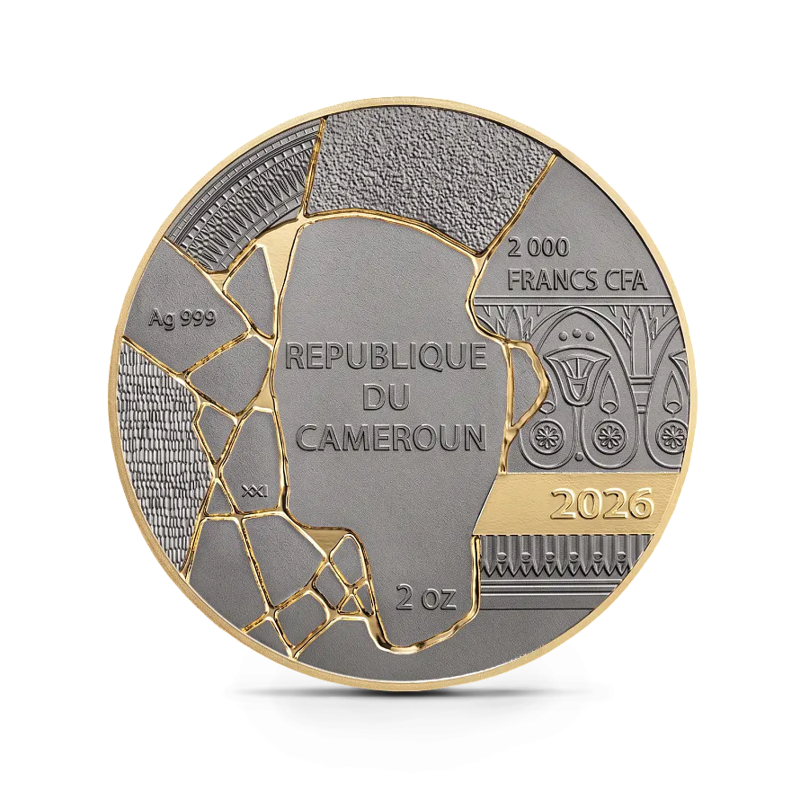 Монета "Нефертити, Искусство Кинцуги", 2026 г., Серебро, 62,2 гр., проба 999, КАМЕРУН