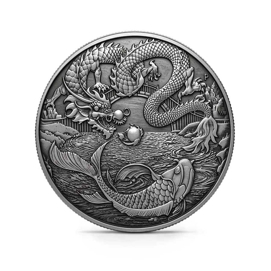 Монета "Дракон и карп (Antique)", 2023 г., Серебро, 31,1 гр., проба 9999, АВСТРАЛИЯ