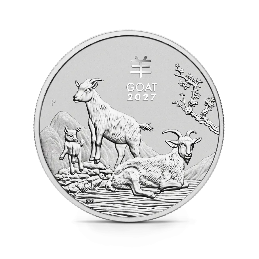 Монета "Лунный календарь Год Козы", 2027 г., Серебро, 31,1 гр., проба 9999, АВСТРАЛИЯ