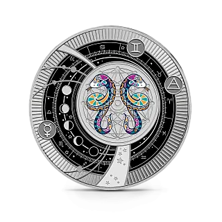 Монета "Знаки зодиака Близнецы. Подвеска", 2025 г., Серебро, 10 гр., проба 999, КАМЕРУН