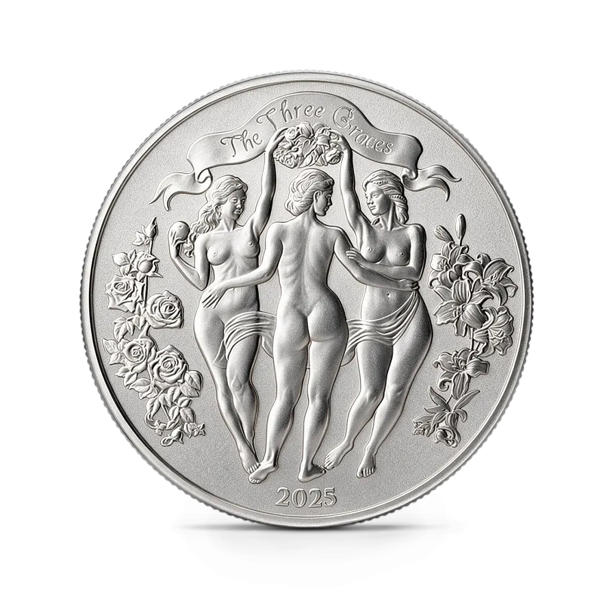 Монета "Три грации", 2025 г., Серебро, 31,1 гр., проба 999, КАМЕРУН