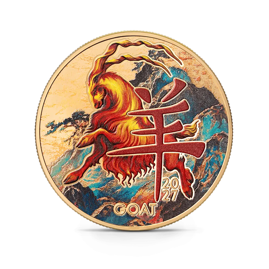 Монета " Год козы (с золочением)", 2027 г., 15,55 гр., проба 999, КАМЕРУН