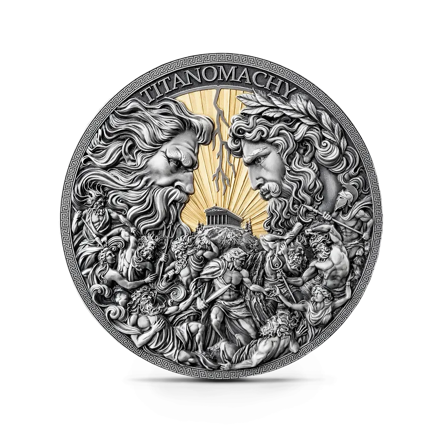 Монета "Титаномахия", Великая греческая мифология, 2026 г., 500 гр., проба 999, КАМЕРУН
